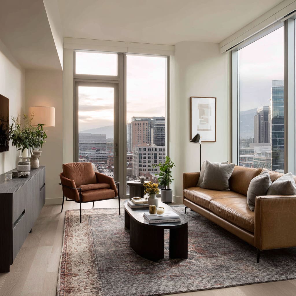 Stylish corner-unit living room design with caramel leather sofa, rust chair, large faded rug, and balcony door Stylish corner-unit living room design with caramel leather sofa, rust chair, large faded rug, and balcony door