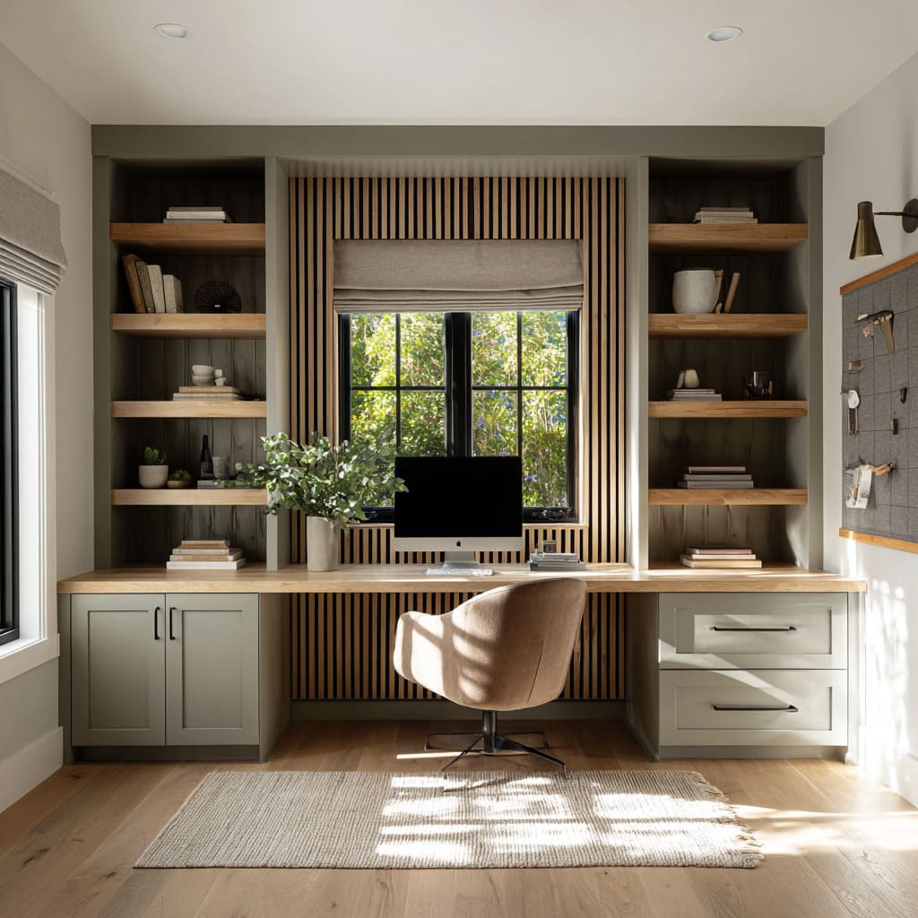 Stylish symmetrical farmhouse executive office design with built-ins, centered desk, and black sconces Stylish symmetrical farmhouse executive office design with built-ins, centered desk, and black sconces