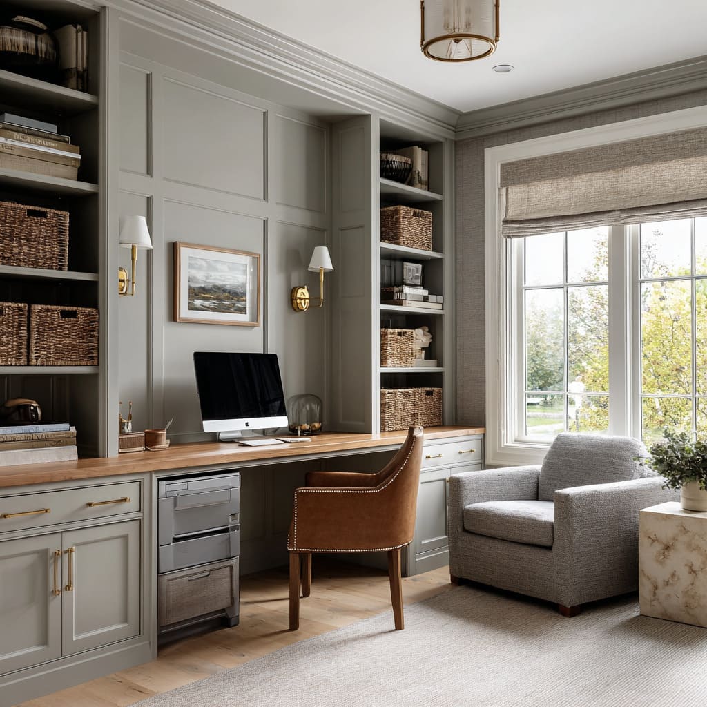 Symmetrical built-in farmhouse office design with slatted window niche and gray-green cabinetry Symmetrical built-in farmhouse office design with slatted window niche and gray-green cabinetry