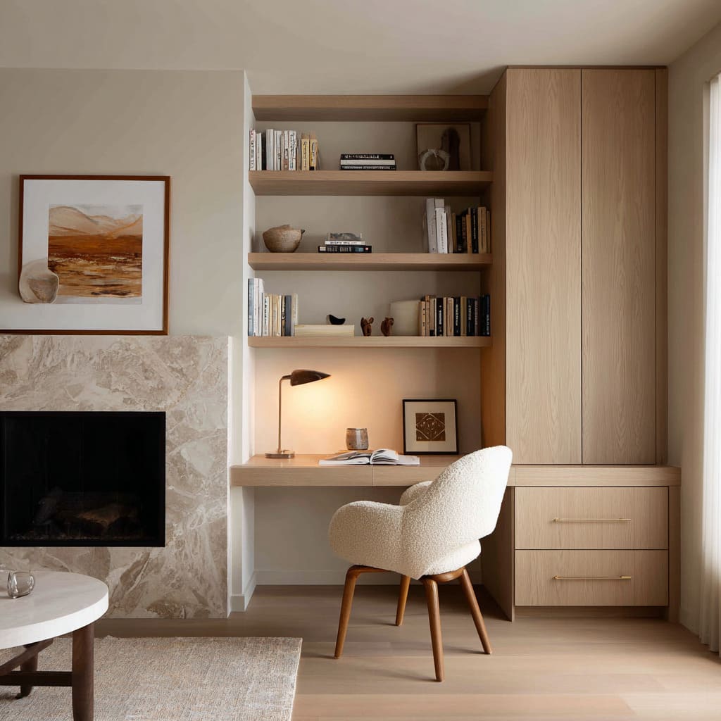 The desk sits off to one side of the fireplace inside a framed bay of built-ins The desk sits off to one side of the fireplace inside a framed bay of built-ins