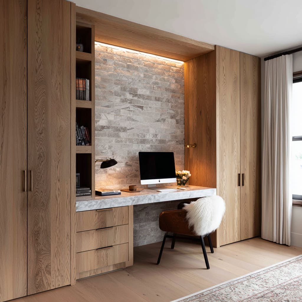Wood wall with recessed farmhouse office niche idea, lit stone back panel, and tidy drawers Wood wall with recessed farmhouse office niche idea, lit stone back panel, and tidy drawers