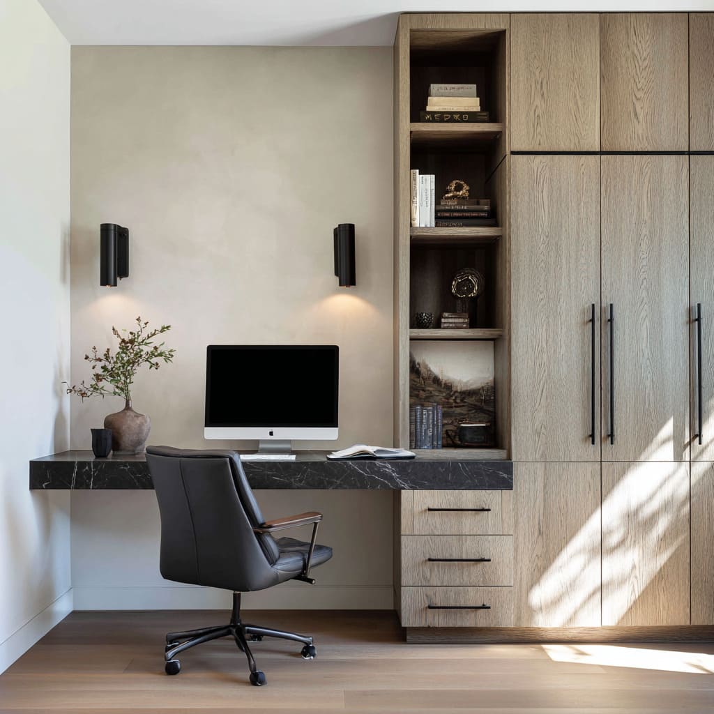 black stone floating desk and warm wood tower storage in soft plaster wall masculine home office design with twin sconces black stone floating desk and warm wood tower storage in soft plaster wall masculine home office design with twin sconces