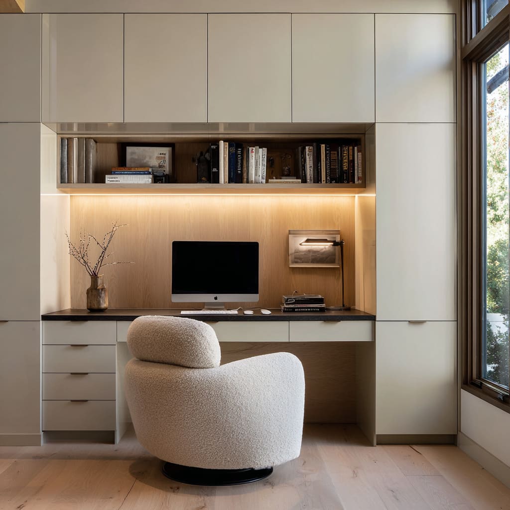 cabinetry wall with a recessed desk niche and warm back panel cabinetry wall with a recessed desk niche and warm back panel