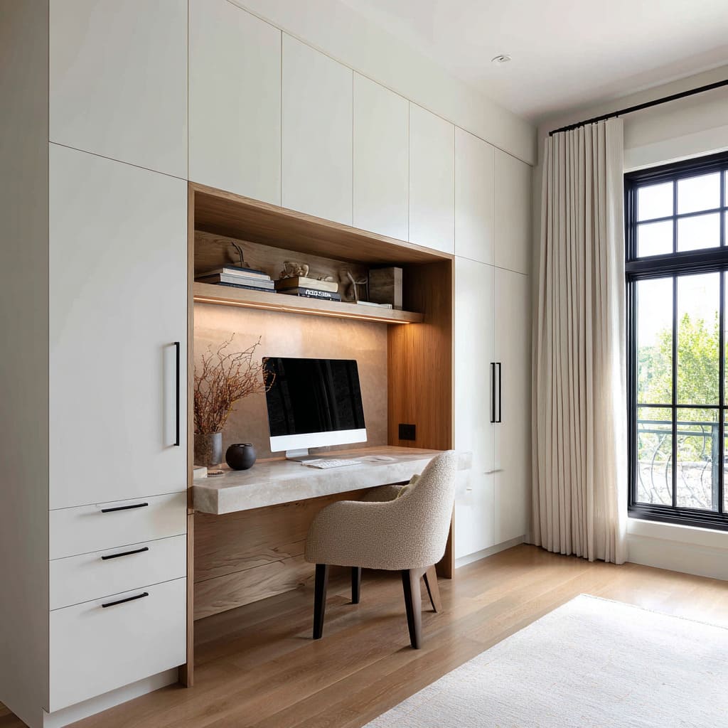 clean modern closet-office concept with aconcealed built-in desk niche inside full wall cabinetry clean modern closet-office concept with aconcealed built-in desk niche inside full wall cabinetry