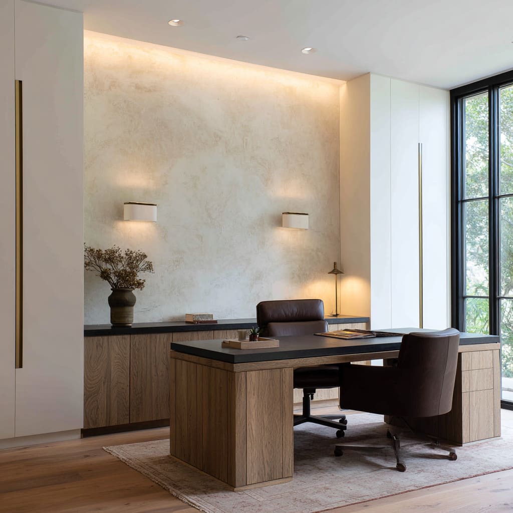 executive calm home office with a floating plaster wall glow, double seating, and a soft perimeter runway executive calm home office with a floating plaster wall glow, double seating, and a soft perimeter runway