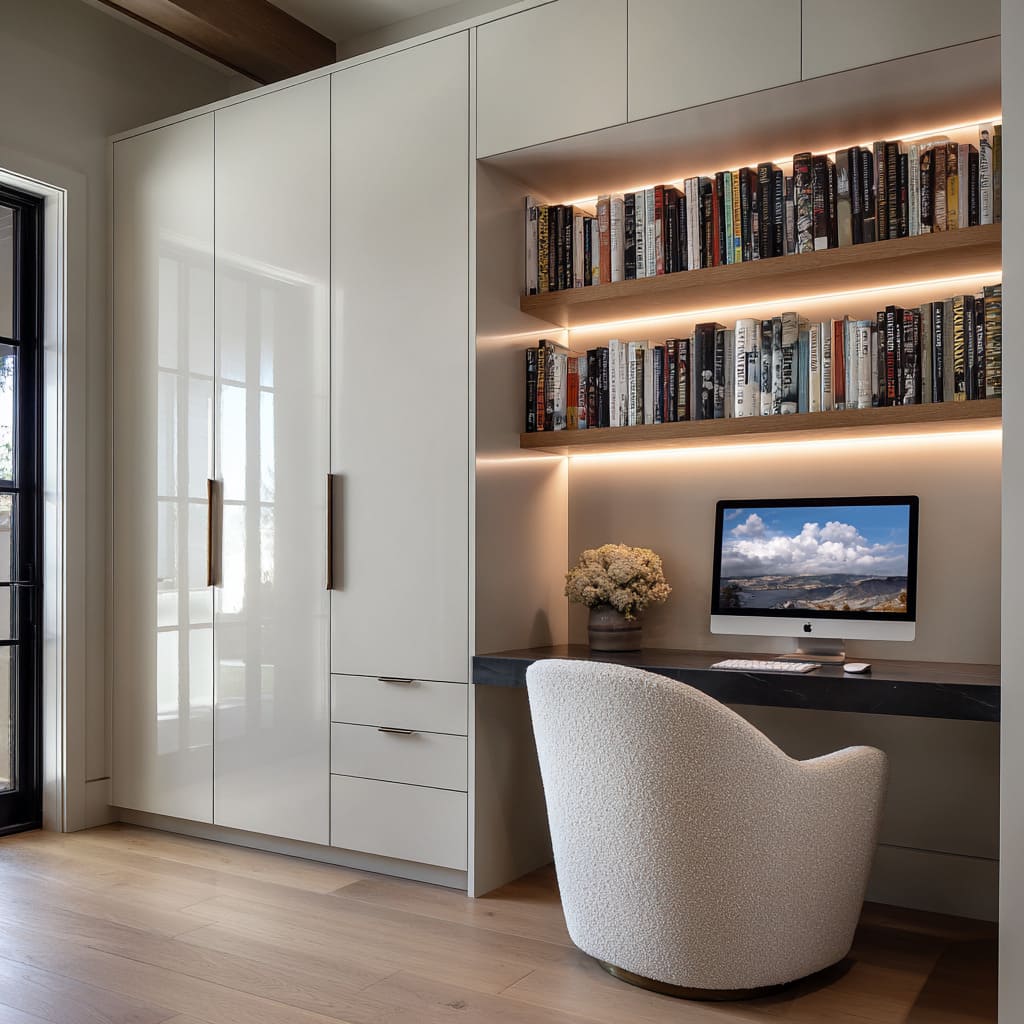 full-height cabinet wall and recessed niche home office desk with warm shelf glow full-height cabinet wall and recessed niche home office desk with warm shelf glow