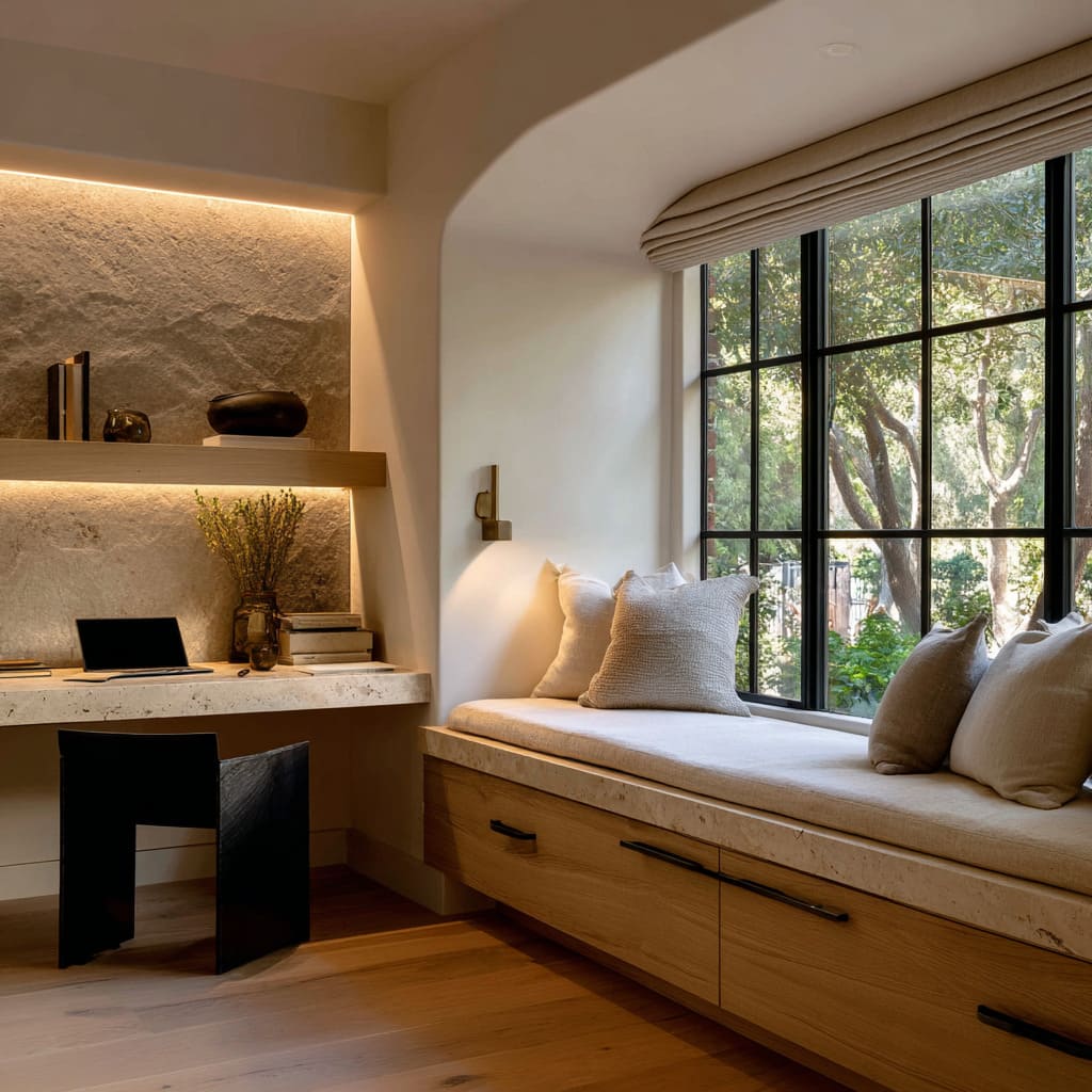 hybrid office and retreat corner design concept with arched opening and textured niche wall with warm shelf glow hybrid office and retreat corner design concept with arched opening and textured niche wall with warm shelf glow