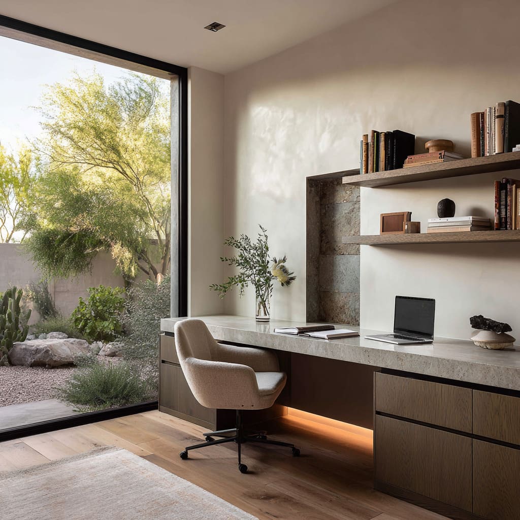 ong stone desk beside a full-height courtyard window in gallery calm office design ong stone desk beside a full-height courtyard window in gallery calm office design