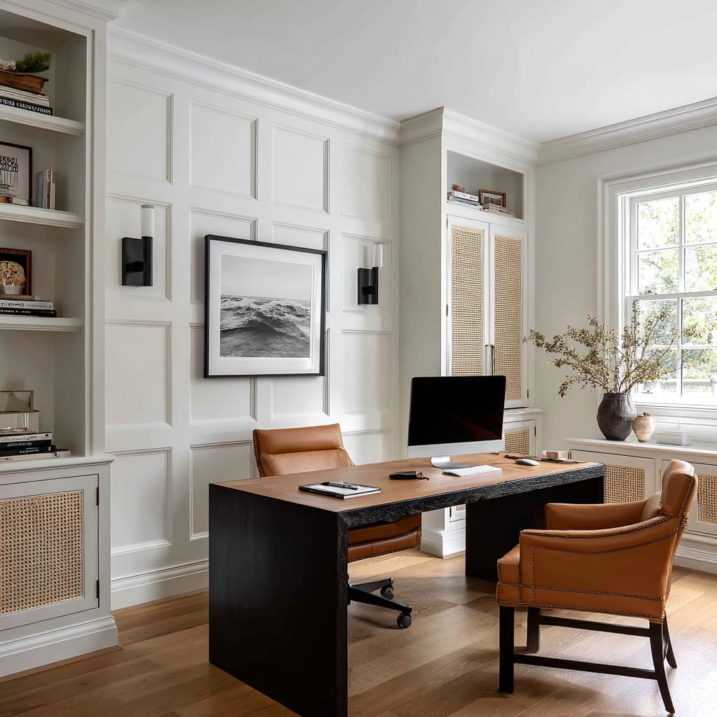 paneled farmhouse office concept with woven cabinets, dark desk base, and caramel leather chairs paneled farmhouse office concept with woven cabinets, dark desk base, and caramel leather chairs