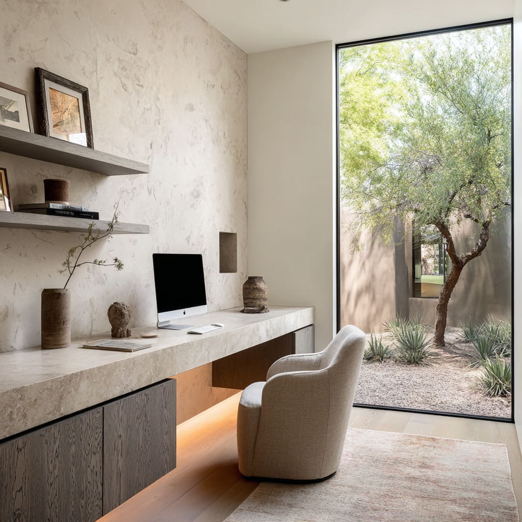 plaster-texture wall and floating shelves with a long stone desk in a quiet studio office design plaster-texture wall and floating shelves with a long stone desk in a quiet studio office design