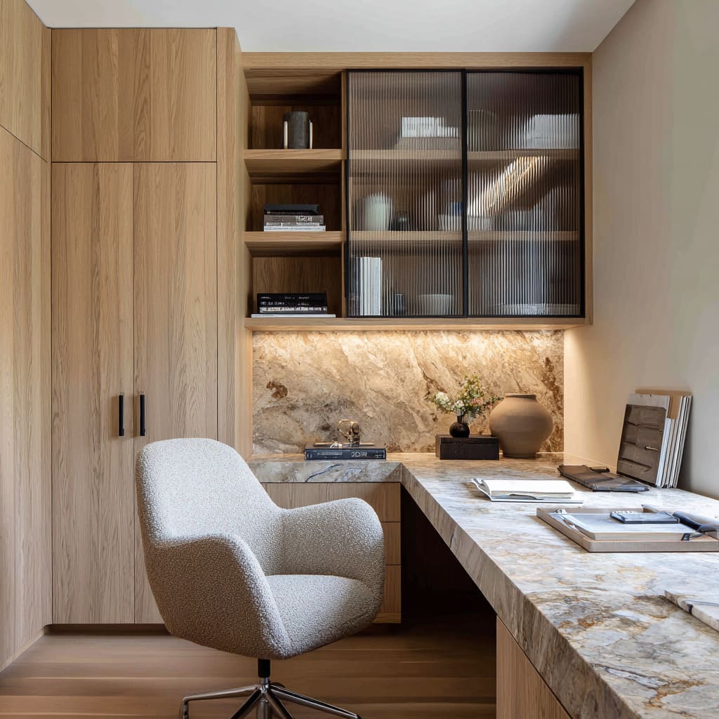 ribbed-glass upper cabinet and L-shaped stone worktop with a warm stone backsplash ribbed-glass upper cabinet and L-shaped stone worktop with a warm stone backsplash