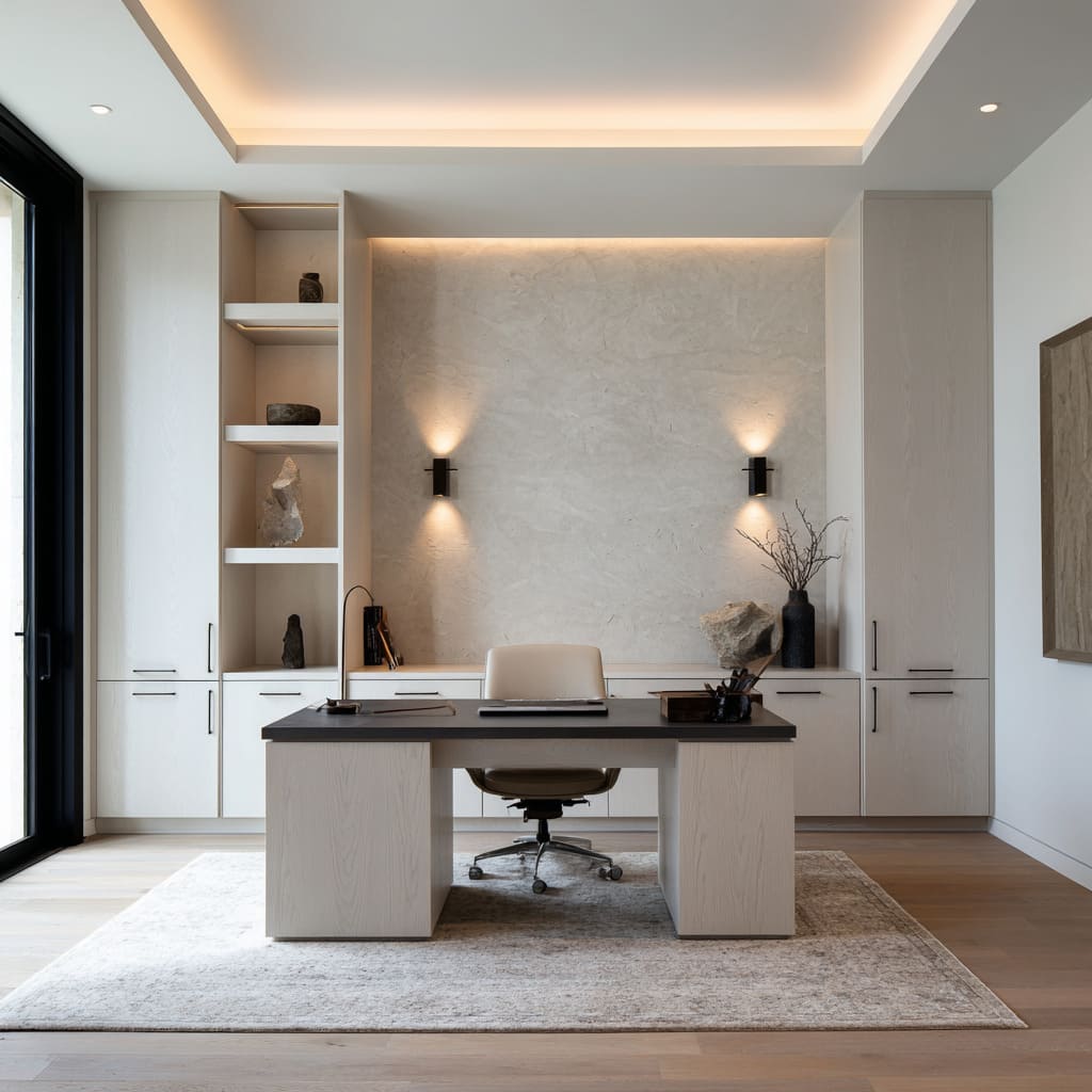 symmetrical gallery office design with a recessed plaster stage, sculptural shelving, and ceiling glow that behaves like a calm sky symmetrical gallery office design with a recessed plaster stage, sculptural shelving, and ceiling glow that behaves like a calm sky