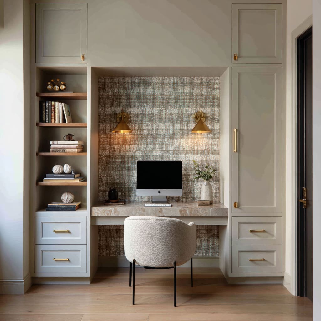 tall cabinets on both sides create a strong outer frame, and the desk sits inside a central pocket tall cabinets on both sides create a strong outer frame, and the desk sits inside a central pocket