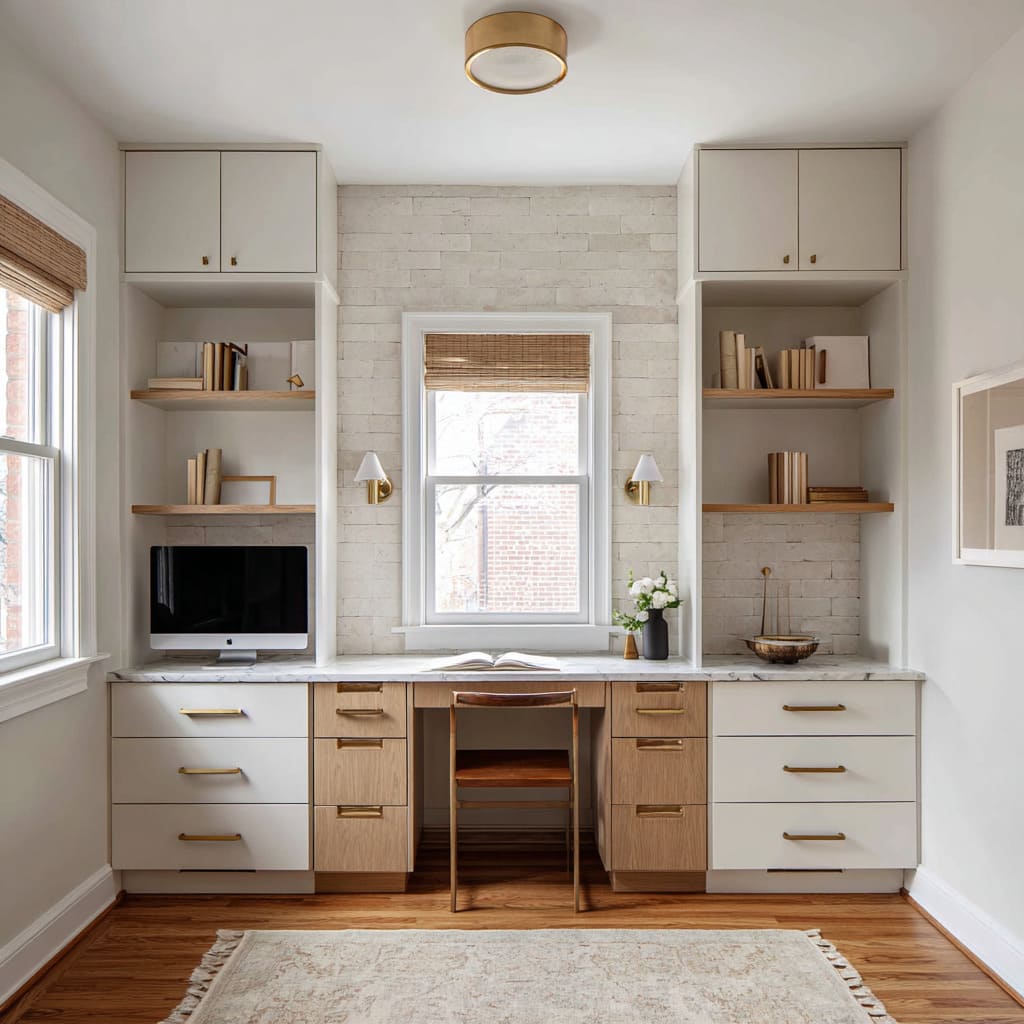 window-centered farmhouse office built-ins concept with pale brick wall and brass sconces window-centered farmhouse office built-ins concept with pale brick wall and brass sconces